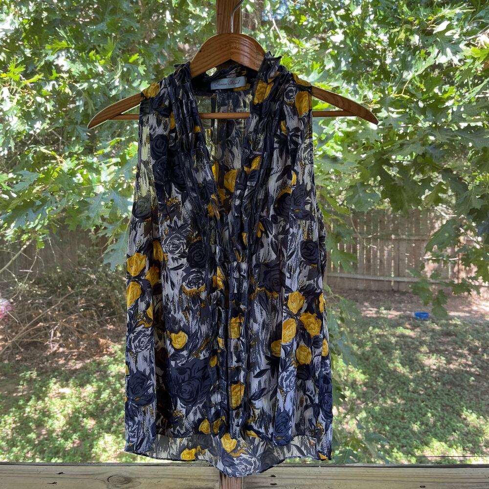 Geren Ford Women's Grey & Yellow 100% Silk Rosette Print Top Size XS